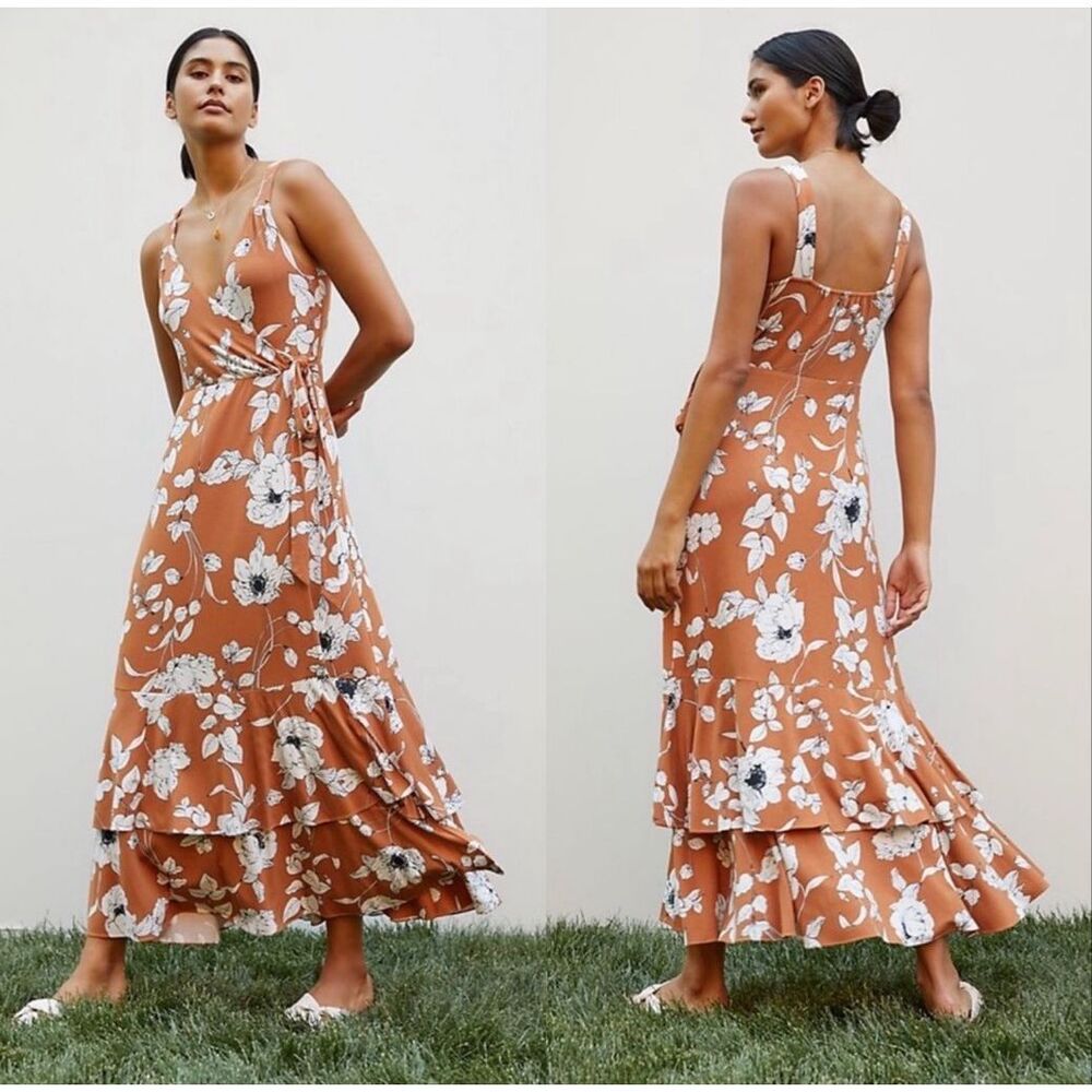 Anthropologie Ruffled Floral Midi Dress Womens Small Faux Wrap Rust Orange Tank